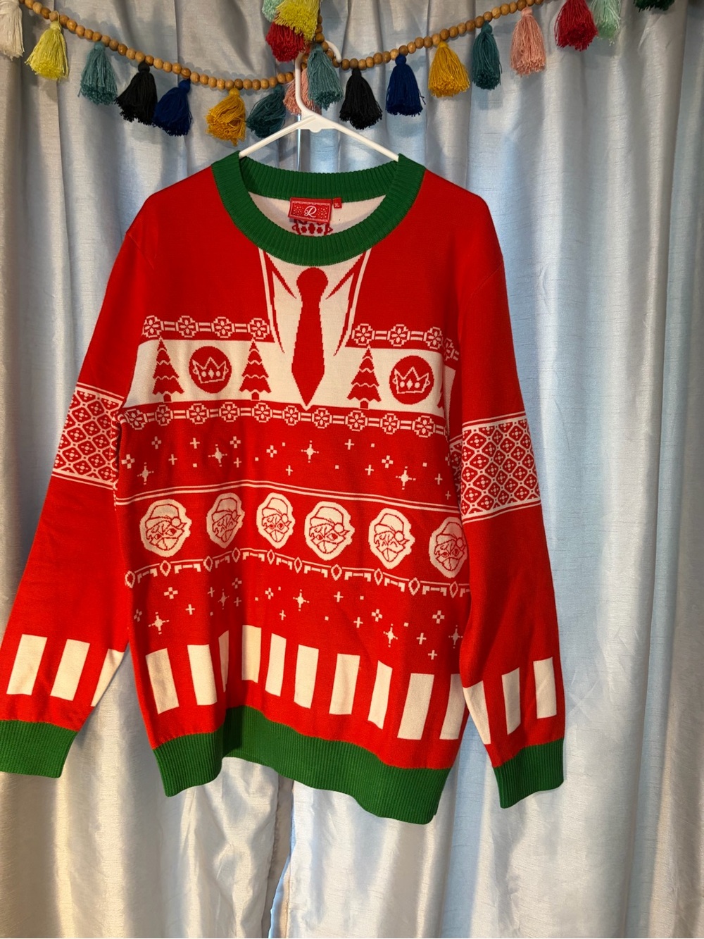 Holiday Red Knit Sweater with Green Trim - RANBOO-Revolt brand Size XL